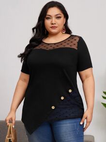 EMERY ROSE Áo thun lưới tương phản họa tiết trái tim viền bất đối xứng, mùa hè - màu đen - Xem 3