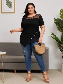 EMERY ROSE Áo thun lưới tương phản họa tiết trái tim viền bất đối xứng, mùa hè - màu đen - Xem 4