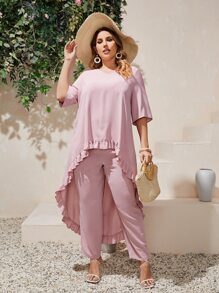SHEIN Plus Solid Ruffle Hem High Low Top & Pants