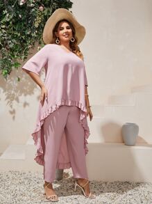 SHEIN Plus Solid Ruffle Hem High Low Top & Pants