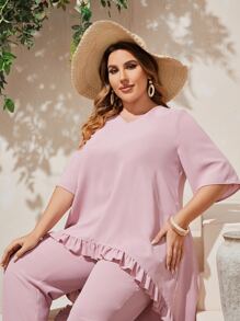 SHEIN Plus Solid Ruffle Hem High Low Top & Pants