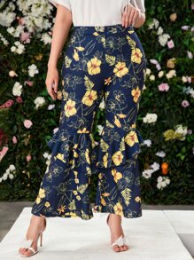 Mulvari Plus Allover Floral Print Ruffle Hem Pants - Multicolor - View 1
