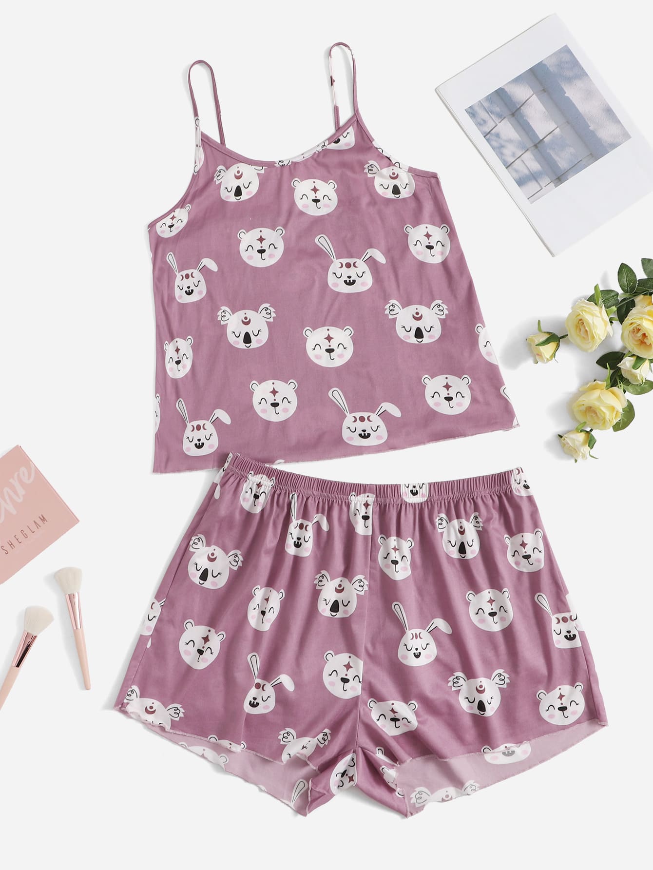 Plus Cartoon Graphic Sleep Cami Top & Shorts - Mauve Purple - View 1