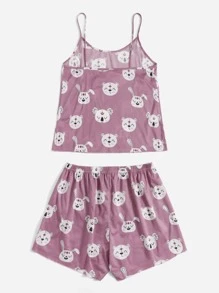 Plus Cartoon Graphic Sleep Cami Top & Shorts - Mauve Purple - View 2