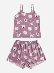 Plus Cartoon Graphic Sleep Cami Top & Shorts - Mauve Purple - View 3