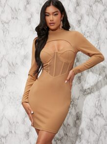 Mock Neck Cutout Front Mesh Insert Dress - Khaki - View 1