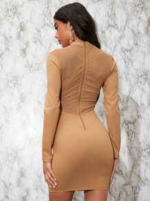 Mock Neck Cutout Front Mesh Insert Dress - Khaki - View 2