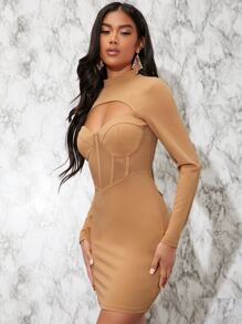Mock Neck Cutout Front Mesh Insert Dress - Khaki - View 3