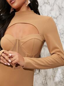 Mock Neck Cutout Front Mesh Insert Dress - Khaki - View 4