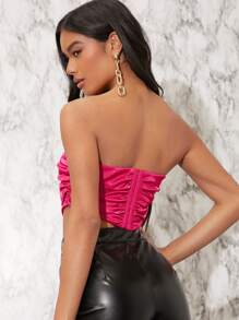 鉤眼扣褶邊抹胸上衣 - 玫紅色 - 查看 2