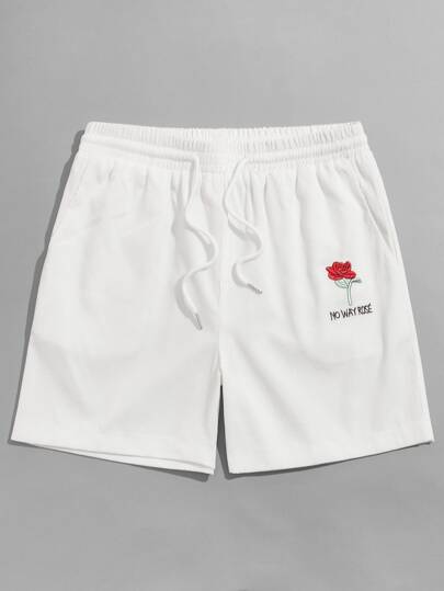 Guys Letter Floral Embroidery Drawstring Shorts