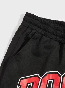 ROMWE MEN Prep Guys Letter Drawstring Shorts - Black - View 4