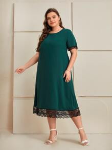 大碼素色蕾絲拼接連衣裙 - 墨綠色 - 查看 3