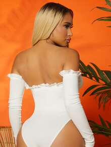SHEIN SXY Off The Shoulder Ruffle Detail Lace Up Bodysuit - White - View 2