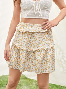 ROMWE Floral Print Frill Skirt - Multicolor - View 3