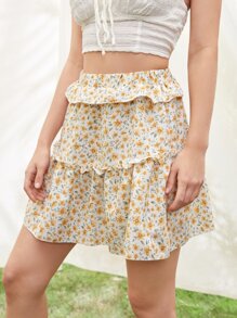 ROMWE Floral Print Frill Skirt - Multicolor - View 4