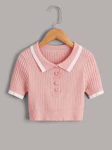 SHEIN 女孩條紋羅紋針織上衣 - 淺粉色 - 查看 1