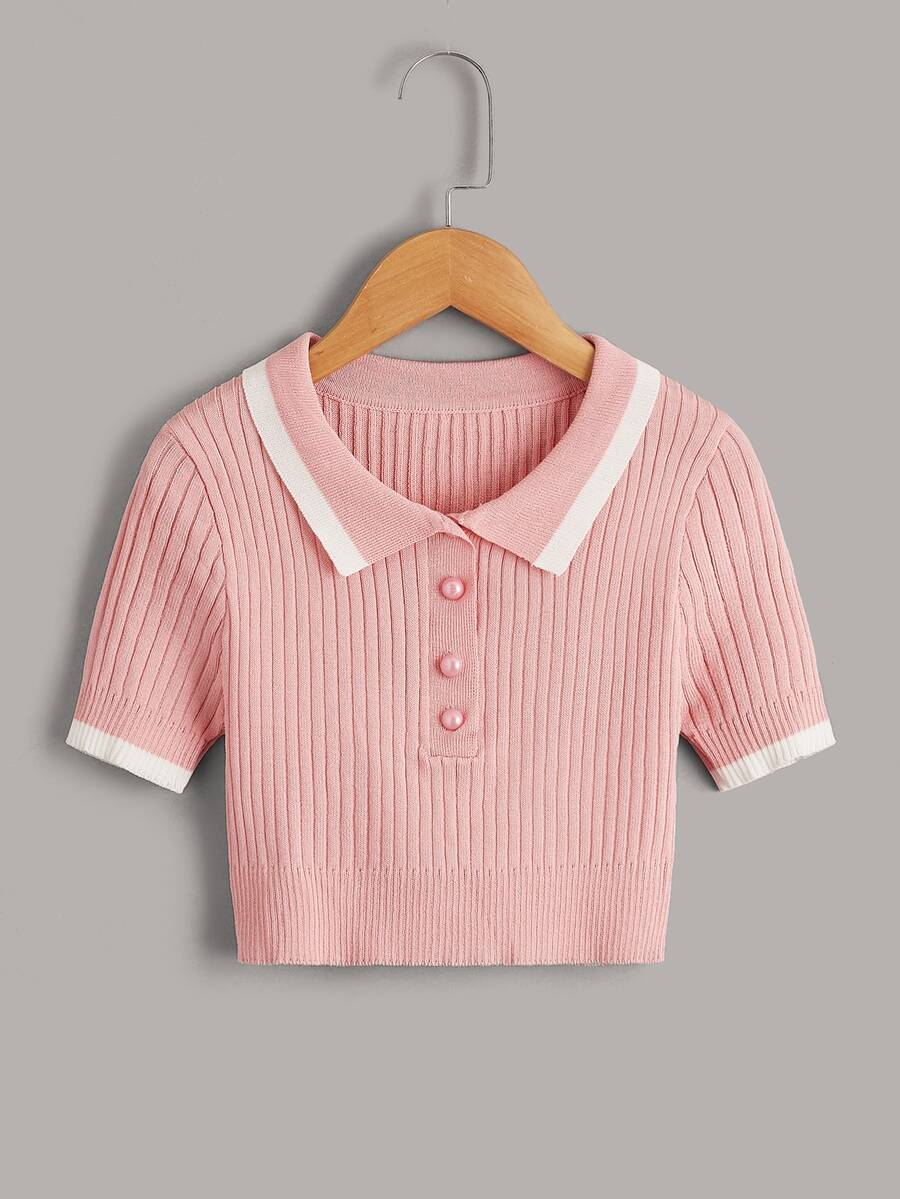 SHEIN 女孩條紋羅紋針織上衣 - 淺粉色 - 查看 1