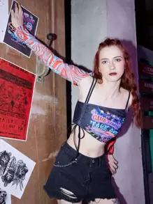 ROMWE Car Print Bikini Top With Sleeves, For Summer Beach Vacation - Multicolor - View 5