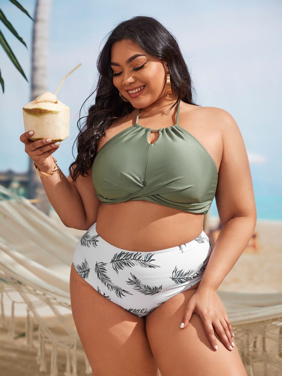 Plus Size Leaf Print Twist Bikini Set Summer Beach - Multicolor - View 1