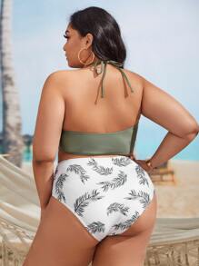 Plus Size Leaf Print Twist Bikini Set Summer Beach - Multicolor - View 2