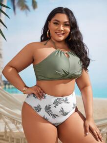 Plus Size Leaf Print Twist Bikini Set Summer Beach - Multicolor - View 3