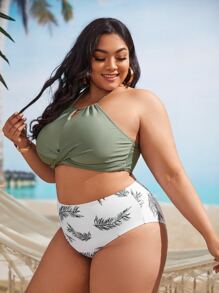 Plus Size Leaf Print Twist Bikini Set Summer Beach - Multicolor - View 4