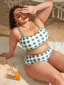 Plus Size Plaid High Waisted Bikini Set Summer Beach - Multicolor - View 1