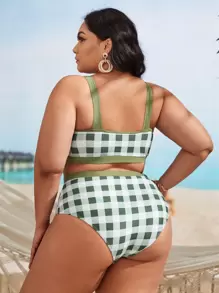Plus Size Plaid High Waisted Bikini Set Summer Beach - Multicolor - View 2