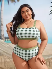 Plus Size Plaid High Waisted Bikini Set Summer Beach - Multicolor - View 3