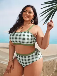Plus Size Plaid High Waisted Bikini Set Summer Beach - Multicolor - View 4