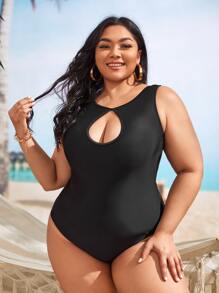 Plus Cut Out Front One Piece Swimsuit - Black - View 1