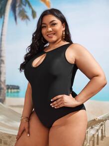 Plus Cut Out Front One Piece Swimsuit - Black - View 3