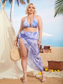 Swim Vcay 3packs Plus Size Fluid Pattern Halter Bikini Set & Beach Skirt Summer Beach - Multicolor - View 1