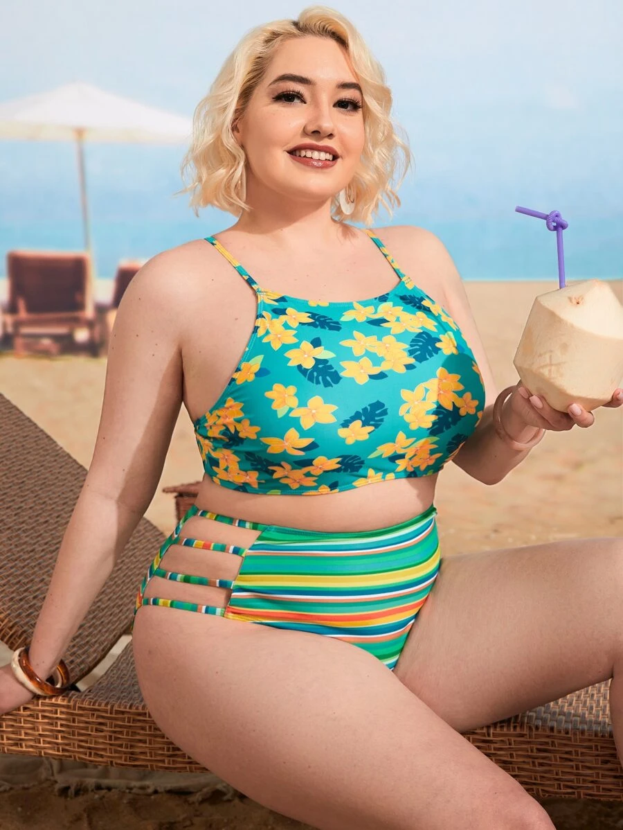 Plus Size Floral Print Ladder Cut-Out Bikini Set Summer Beach - Multicolor - View 1