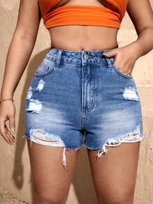 SHEIN SXY High Waist Ripped Denim Shorts - Medium Wash - View 2