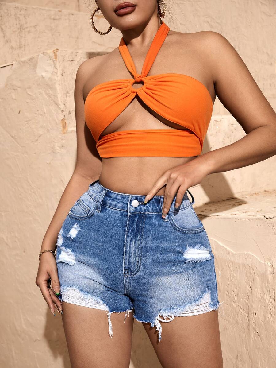 SHEIN SXY High Waist Ripped Denim Shorts - Medium Wash - View 1