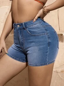 SHEIN SXY 彩虹條紋後背繫帶牛仔短褲 - 中等水洗藍 - 查看 2