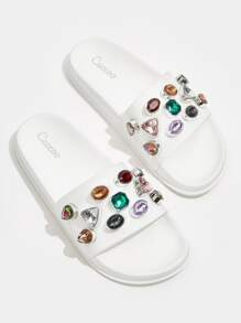 Cuccoo Gemstone Decor Knit Detail Slides - White - View 2