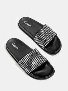 水鑽裝飾寬版拖鞋