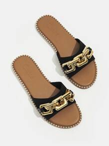 Styleloop 女士鏈條裝飾平底涼鞋時尚黑色拖鞋 - 黑色 - 查看 2