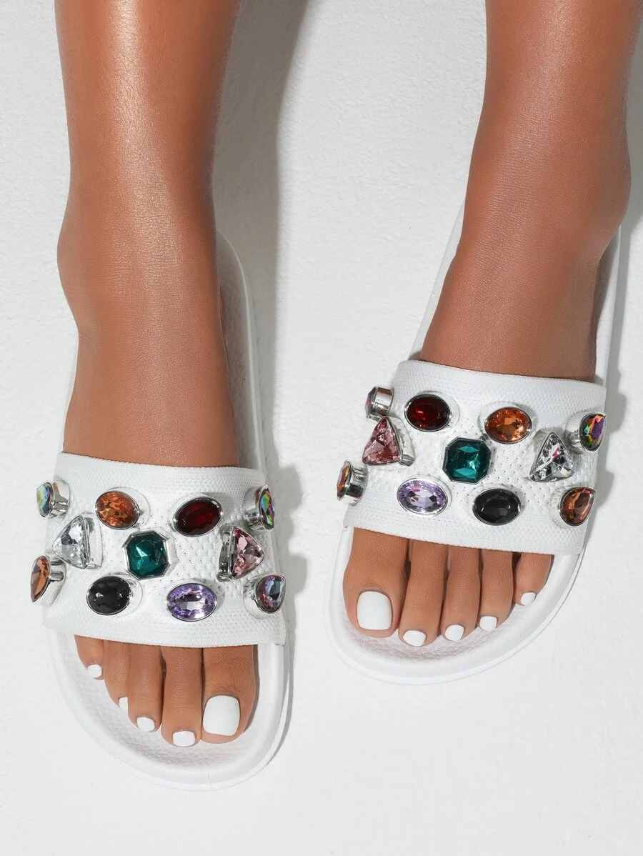 Cuccoo Gemstone Decor Knit Detail Slides - White - View 1