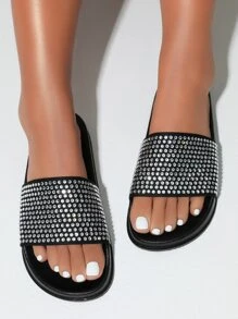 水鑽裝飾寬版拖鞋
