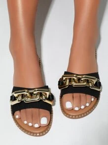 Styleloop 女士鏈條裝飾平底涼鞋時尚黑色拖鞋 - 黑色 - 查看 6