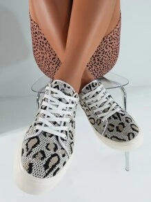 Cuccoo Leopard Lace-up Front Knit Sneakers - Beige - View 7