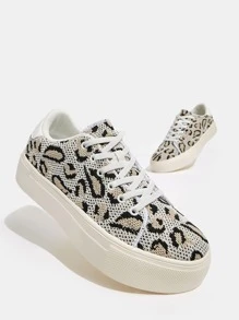 Cuccoo Leopard Lace-up Front Knit Sneakers - Beige - View 6