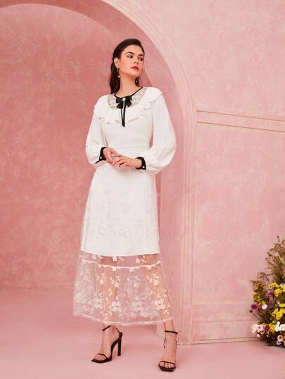 Mulvari Vestido árabe ribete con fruncido con diseño de lazo con bordado floral de malla