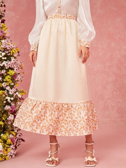 Modelyn Leaf Print Ruffle Hem Skirt