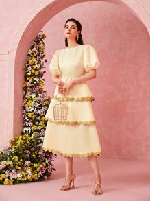 Modelyn Vestido de color combinado de manga farol bajo a capas - Amarillo - Ver 1