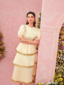 Modelyn Vestido de color combinado de manga farol bajo a capas - Amarillo - Ver 3